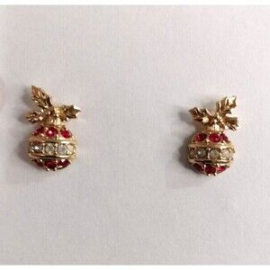 Vtg Avon Gold Toned And Rhinestone Post Back Christmas Ball Earrings